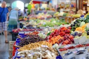 Vegetables and fruit presented on farmer’s market.